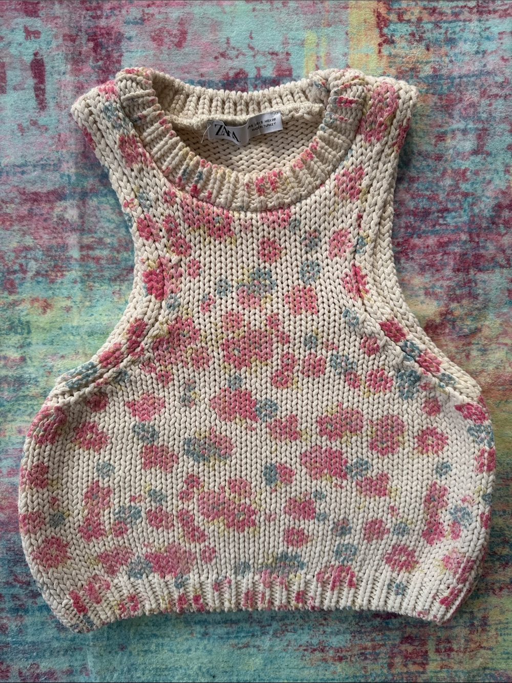 Zara Cream Knit Floral Sleeveless Sweater Vest with Pink and Light Blue Accents